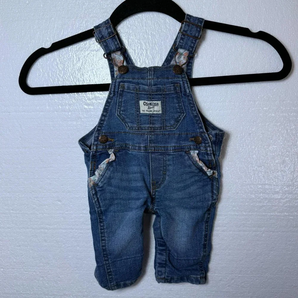 OshKosh B'Gosh Baby Girls Size 3M 3 Months Denim Jean Overalls Floral Blue Pants